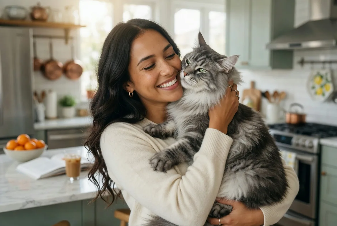 Smiling woman hugging her affectionate silver Maine Coon cat in a sunlit kitchen