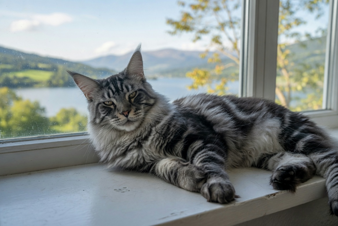 Majestic Maine Coon cat lounging by a sunlit window